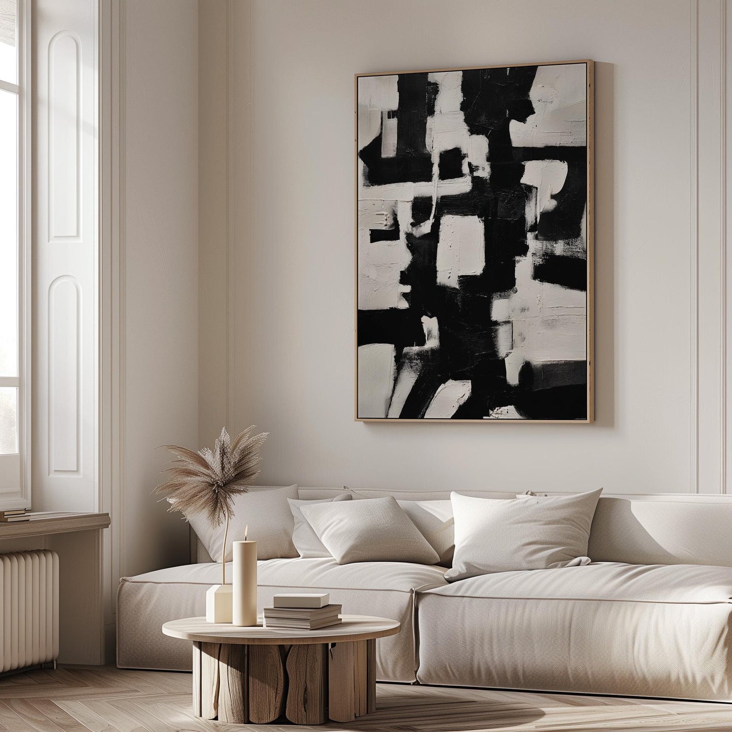 Abstract Geometric Canvas Art: Black and White Modern Print (Framed or Unframed)