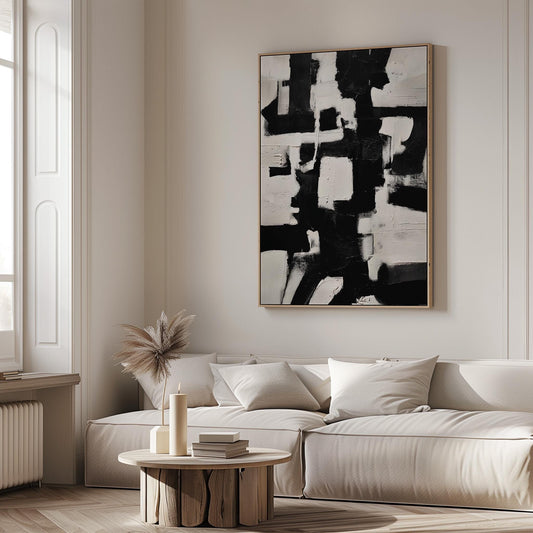 Abstract Geometric Canvas Art: Black and White Modern Print (Framed or Unframed)
