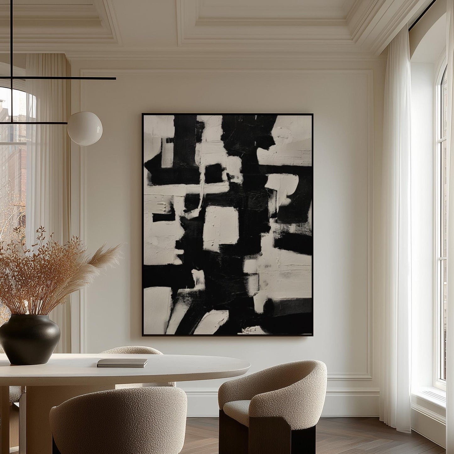 Abstract Geometric Canvas Art: Black and White Modern Print (Framed or Unframed)