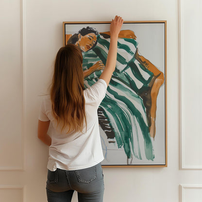 Abstract Woman Wall Art Relaxing Green Striped Dress Modern Canvas Print Minimalist Bedroom Living Room Home Decor