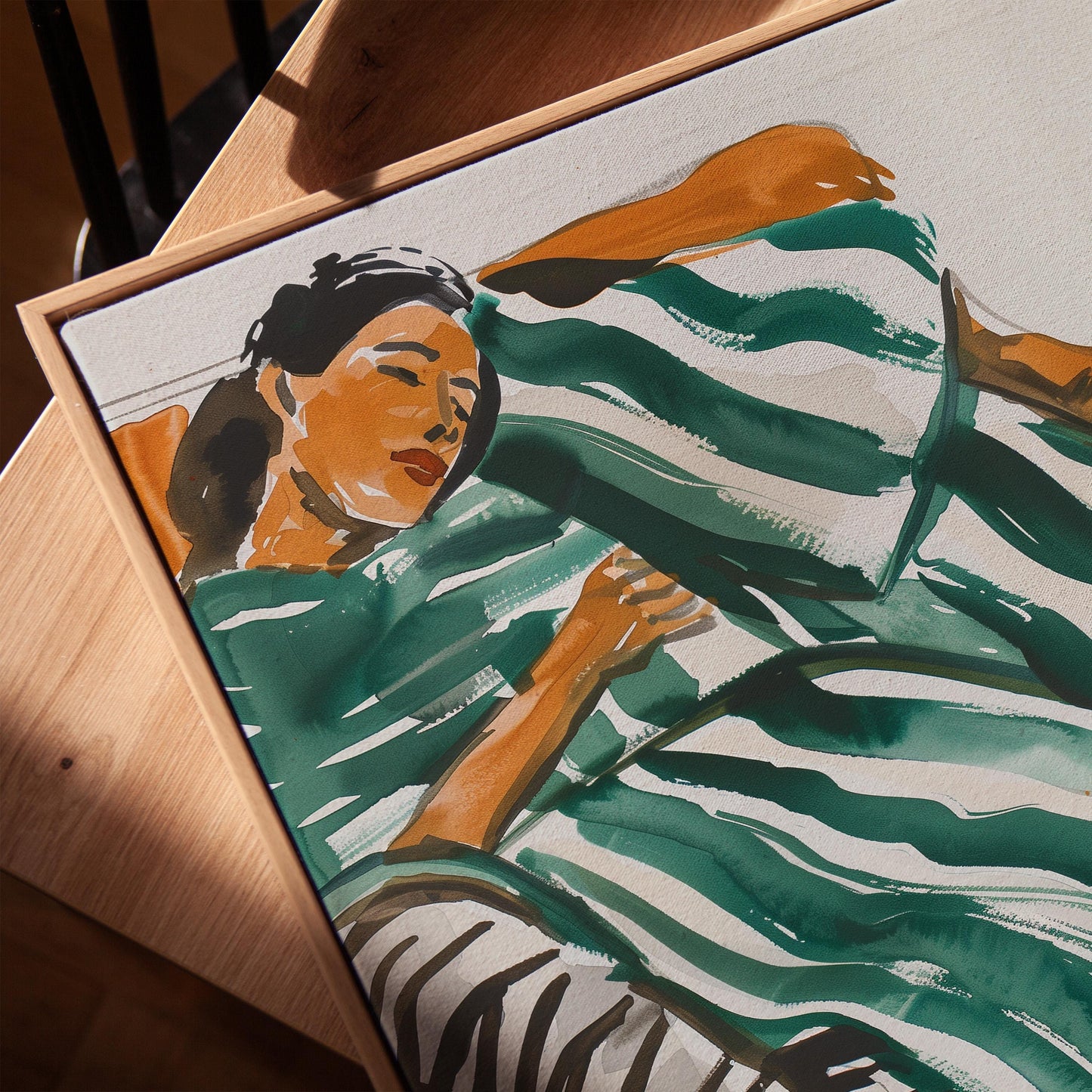 Abstract Woman Wall Art Relaxing Green Striped Dress Modern Canvas Print Minimalist Bedroom Living Room Home Decor