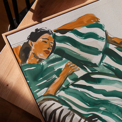 Abstract Woman Wall Art Relaxing Green Striped Dress Modern Canvas Print Minimalist Bedroom Living Room Home Decor