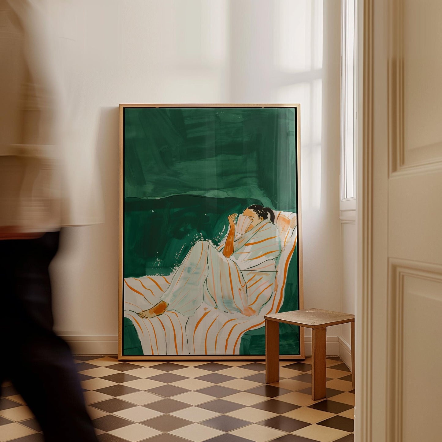Woman Reading Wall Art Modern Canvas Print Relaxing Green Striped Chair Minimalist Home Decor for Bedroom Living Room