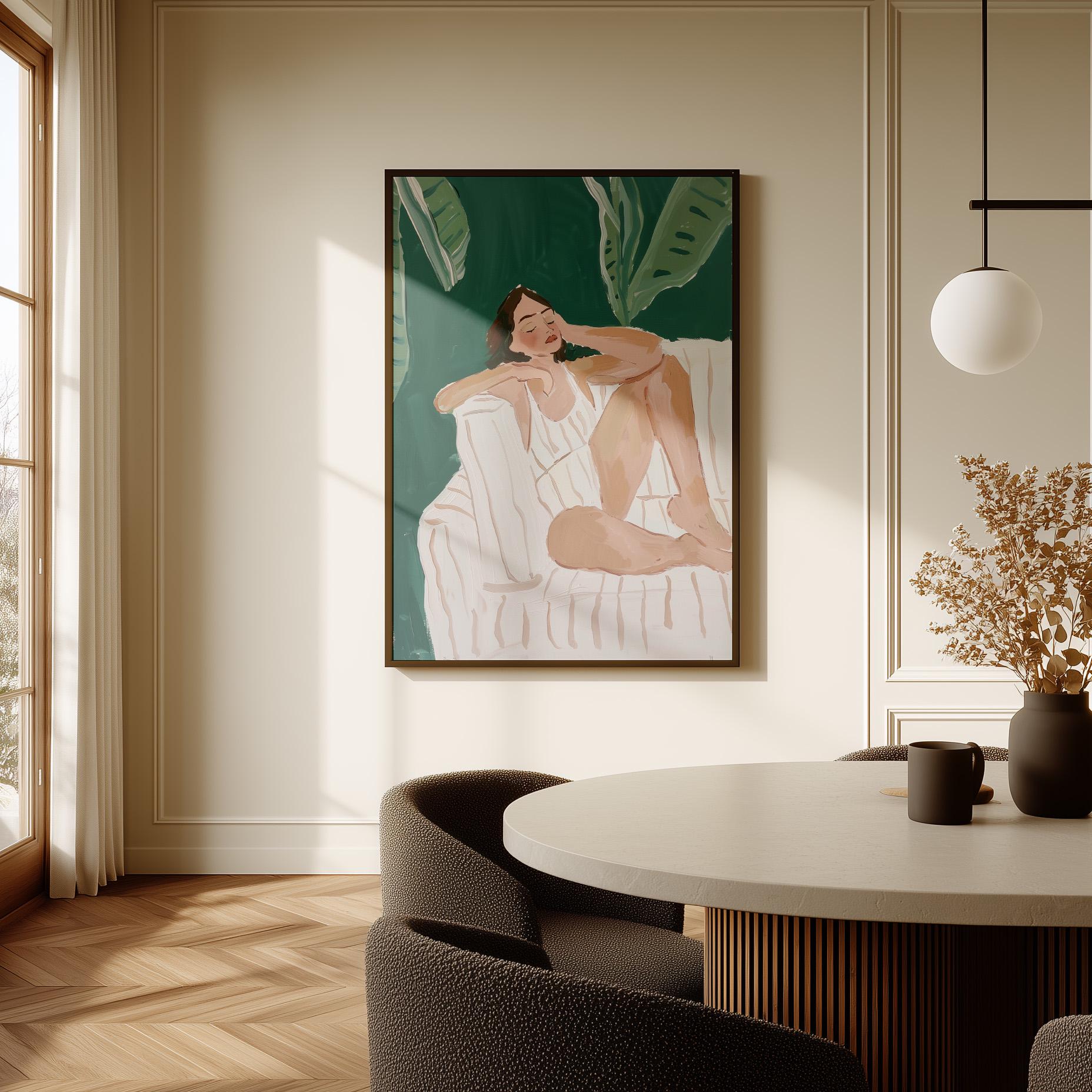 Relaxed Woman Wall Art Modern Canvas Print Tropical Minimalist Green Home Decor for Bedroom or Living Room