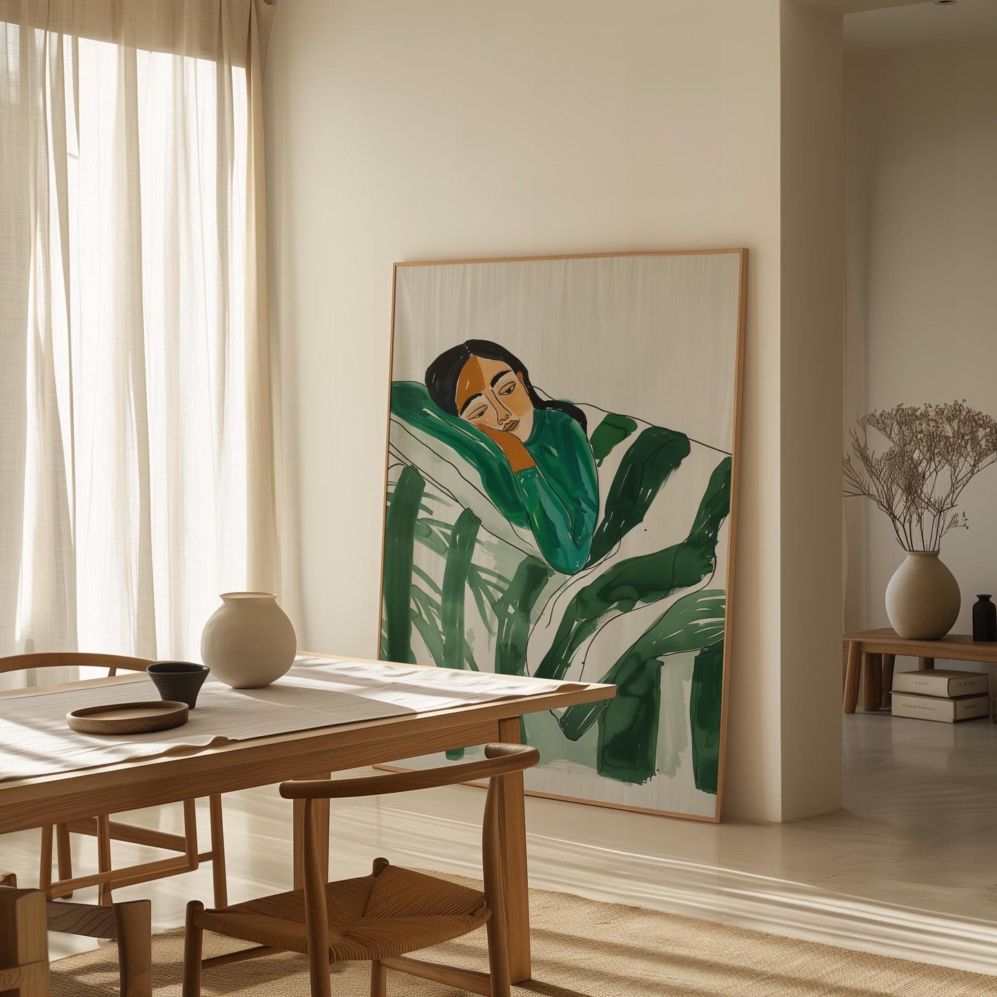 Relaxed Woman Wall Art Minimalist Canvas Print Modern Abstract Green Bedroom or Living Room Decor