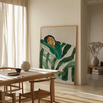 Relaxed Woman Wall Art Minimalist Canvas Print Modern Abstract Green Bedroom or Living Room Decor