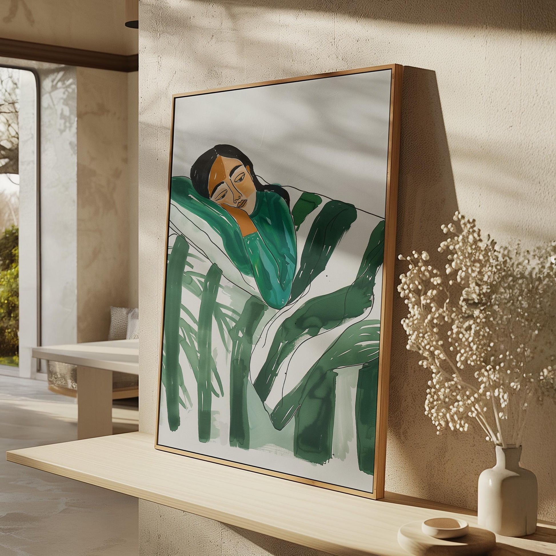 Relaxed Woman Wall Art Minimalist Canvas Print Modern Abstract Green Bedroom or Living Room Decor