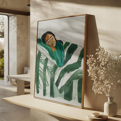 Relaxed Woman Wall Art Minimalist Canvas Print Modern Abstract Green Bedroom or Living Room Decor