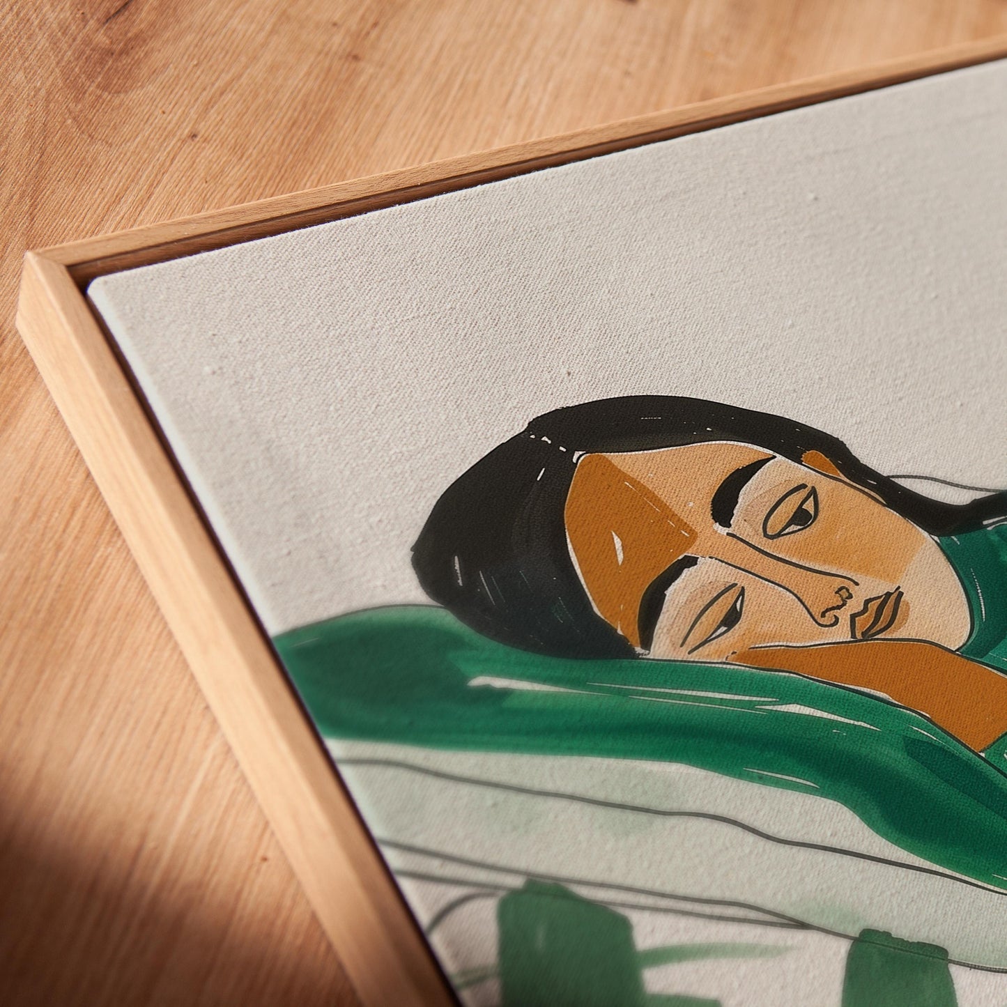 Relaxed Woman Wall Art Minimalist Canvas Print Modern Abstract Green Bedroom or Living Room Decor