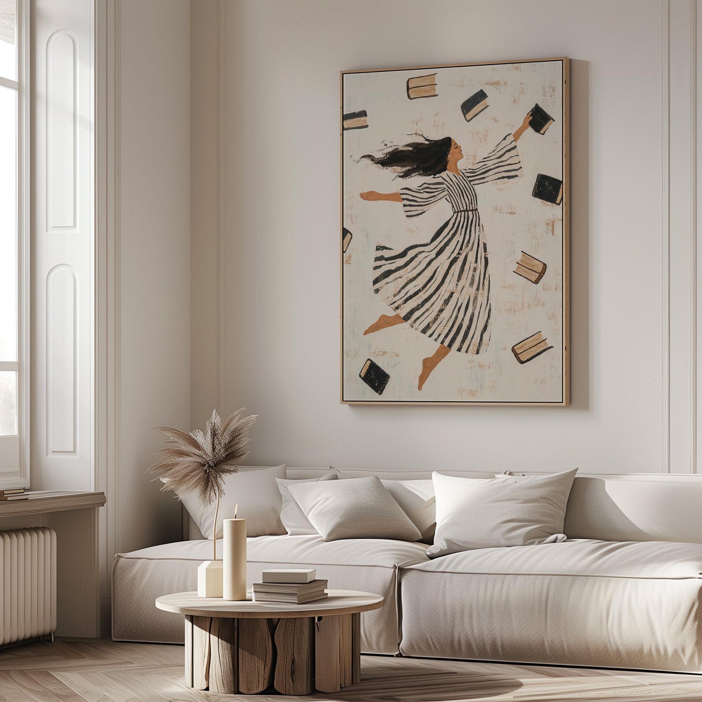 Whimsical Woman Reading Canvas Wall Art with Floating Frame Feminine Abstract Figurative Print for Living Room