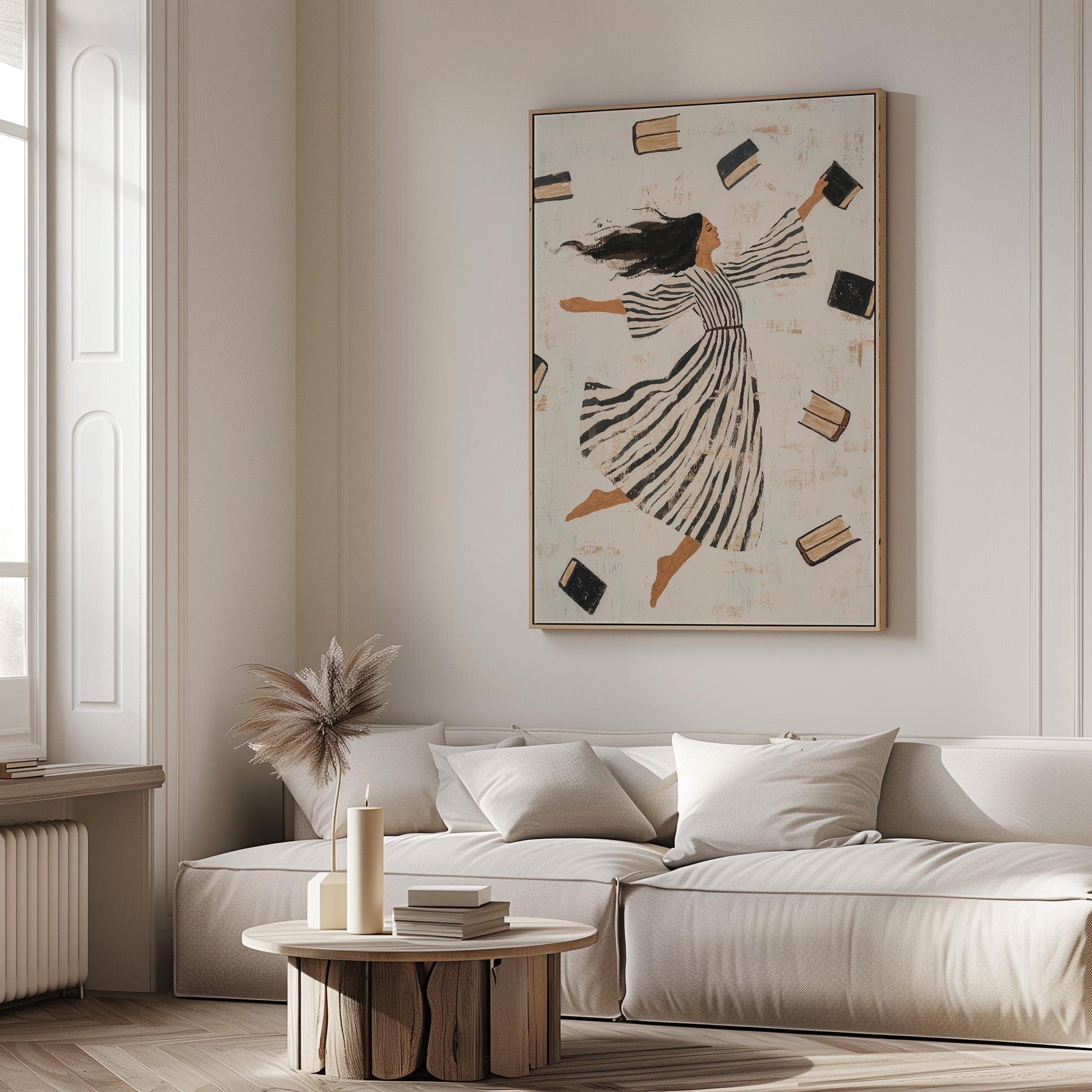 Whimsical Woman Reading Canvas Wall Art with Floating Frame Feminine Abstract Figurative Print for Living Room