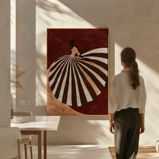 Brown and Beige Figurative Canvas Wall Art with Striped Dress Floating Frame Modern Feminine Print for Living Room