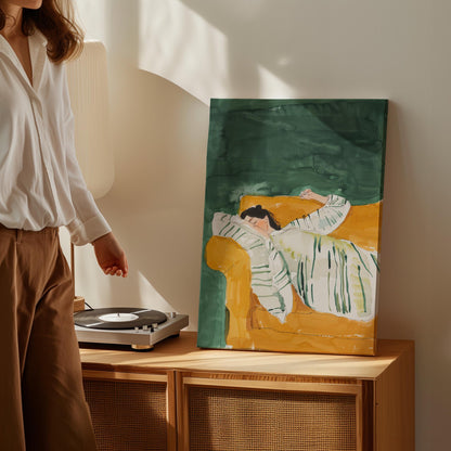 Green and Yellow Figurative Canvas Wall Art with Floating Frame Relaxing Modern Painting for Living Room Decor
