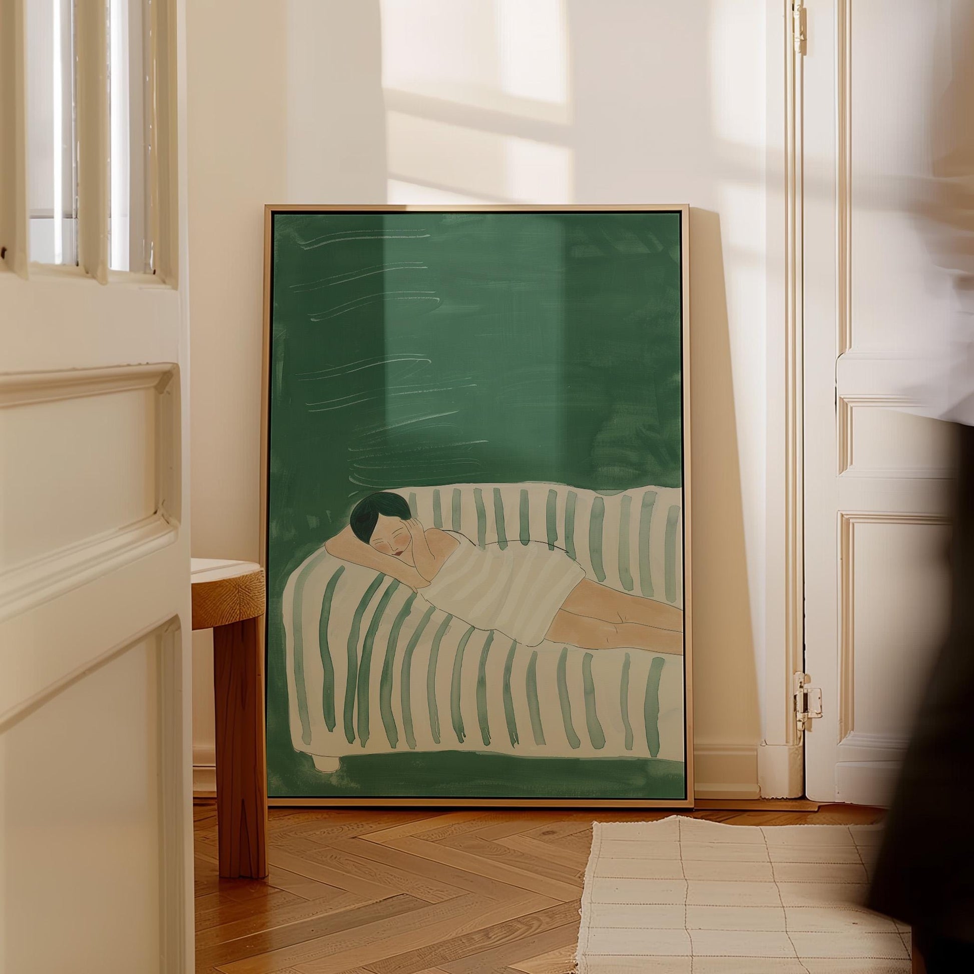 Sleeping Woman Wall Art Minimalist Canvas Print Abstract Modern Green Relaxing Bedroom or Living Room Decor