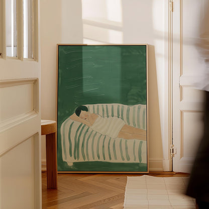 Sleeping Woman Wall Art Minimalist Canvas Print Abstract Modern Green Relaxing Bedroom or Living Room Decor