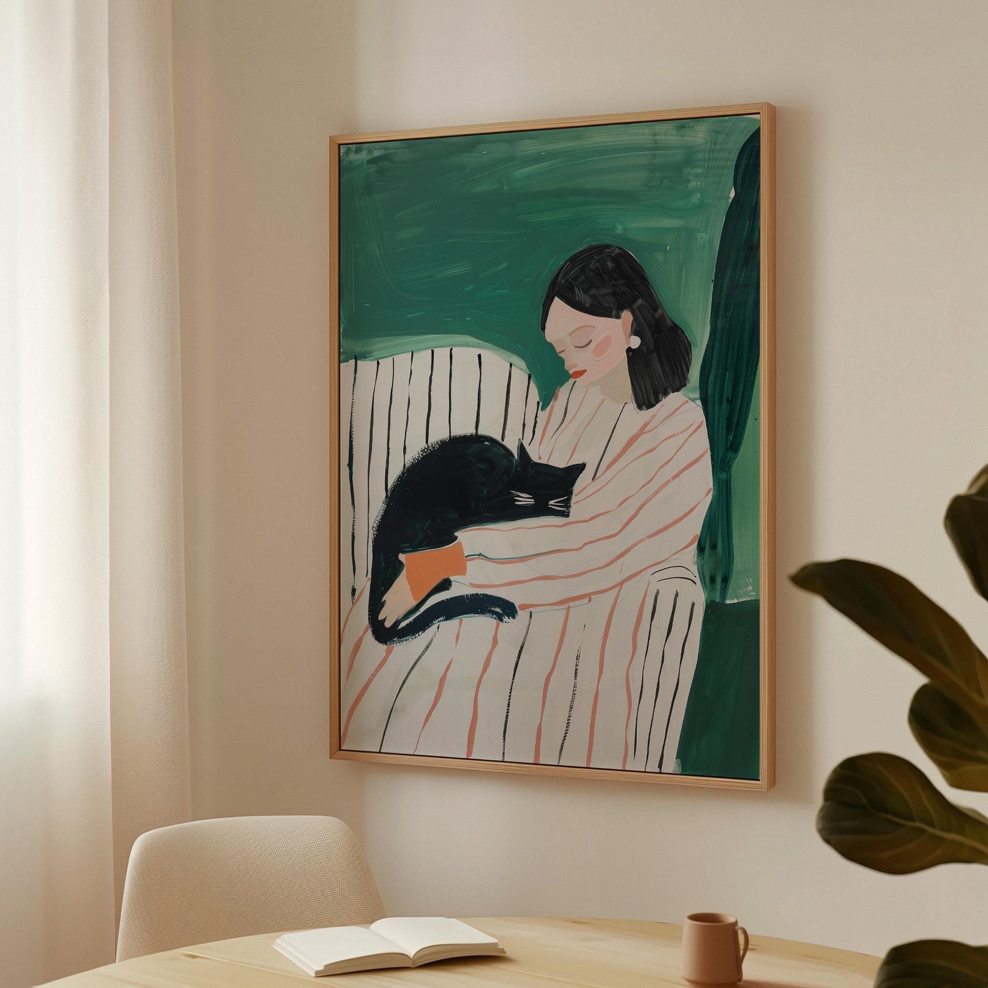 Woman with Cat Canvas Print Modern Minimalist Wall Art Cozy Abstract Home Decor for Bedroom or Living Room