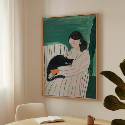 Woman with Cat Canvas Print Modern Minimalist Wall Art Cozy Abstract Home Decor for Bedroom or Living Room