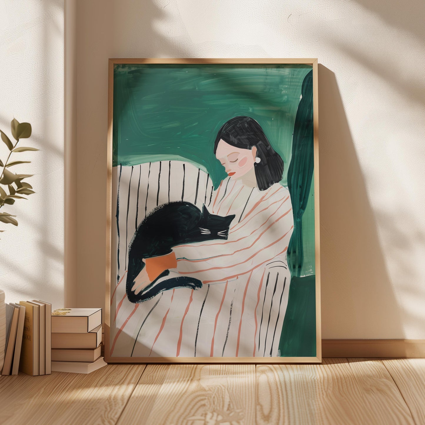 Woman with Cat Canvas Print Modern Minimalist Wall Art Cozy Abstract Home Decor for Bedroom or Living Room