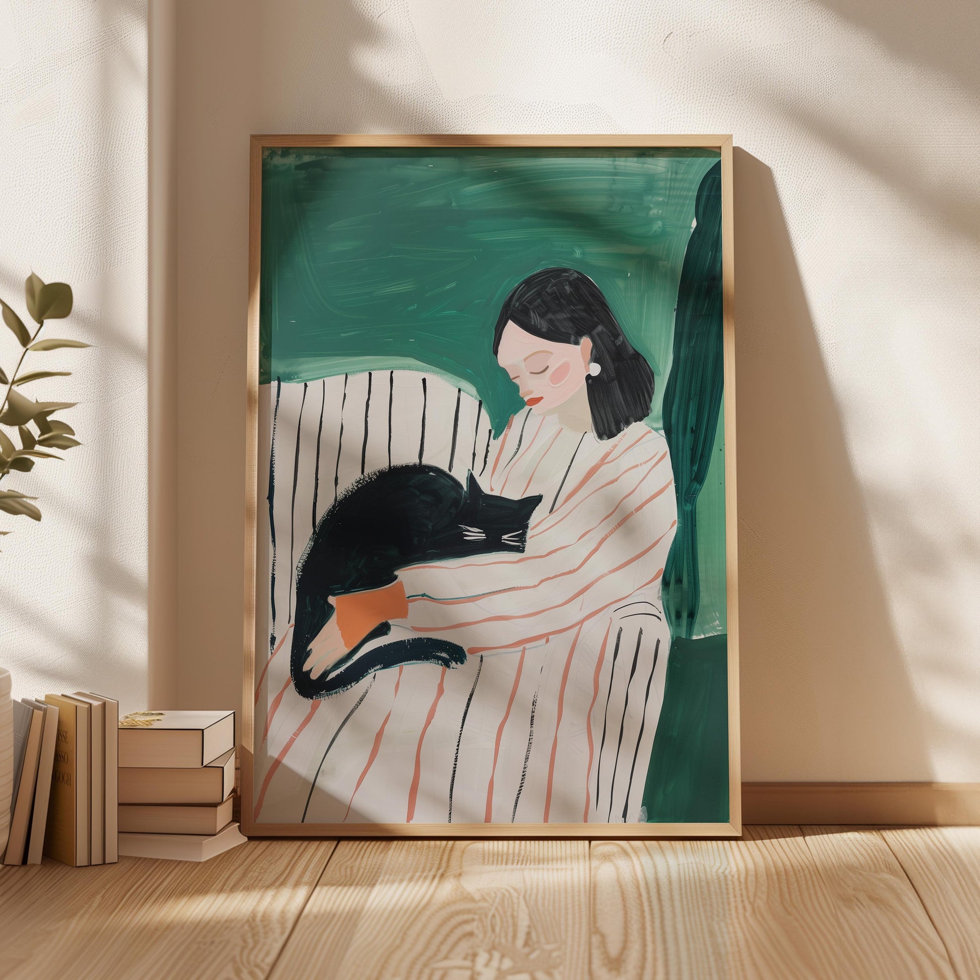 Woman with Cat Canvas Print Modern Minimalist Wall Art Cozy Abstract Home Decor for Bedroom or Living Room