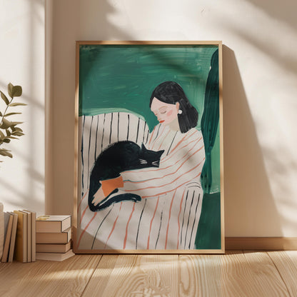 Woman with Cat Canvas Print Modern Minimalist Wall Art Cozy Abstract Home Decor for Bedroom or Living Room