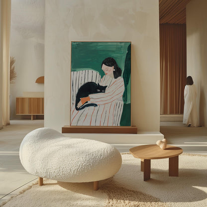 Woman with Cat Canvas Print Modern Minimalist Wall Art Cozy Abstract Home Decor for Bedroom or Living Room