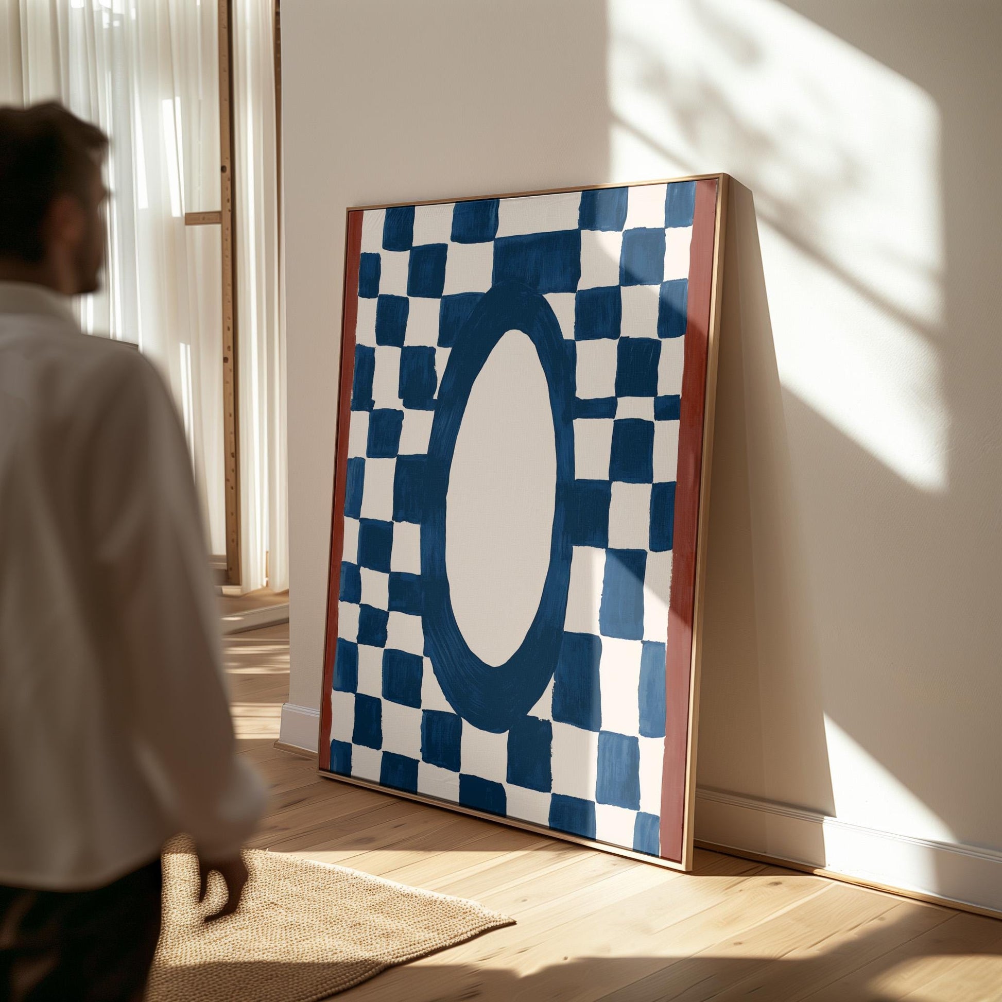 Blue Checkerboard Abstract Canvas Print Modern Geometric Wall Art for Living Room or Bedroom