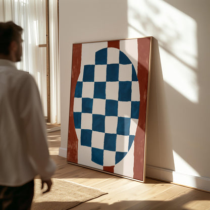 Blue and Red Abstract Canvas Print Modern Checkerboard Geometric Wall Art for Dining Room or Office