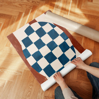 Blue and Red Abstract Canvas Print Modern Checkerboard Geometric Wall Art for Dining Room or Office