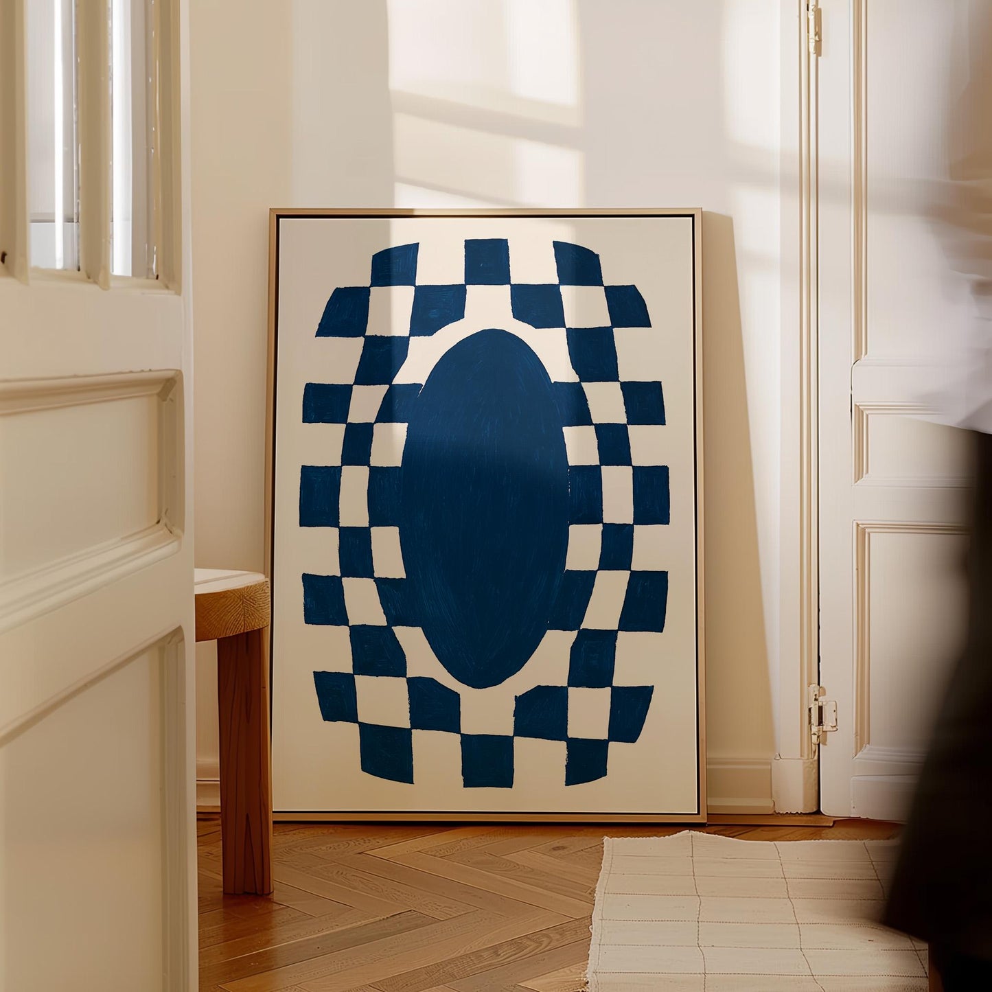 Blue Abstract Oval Canvas Print Modern Geometric Checkerboard Wall Art for Living Room or Office
