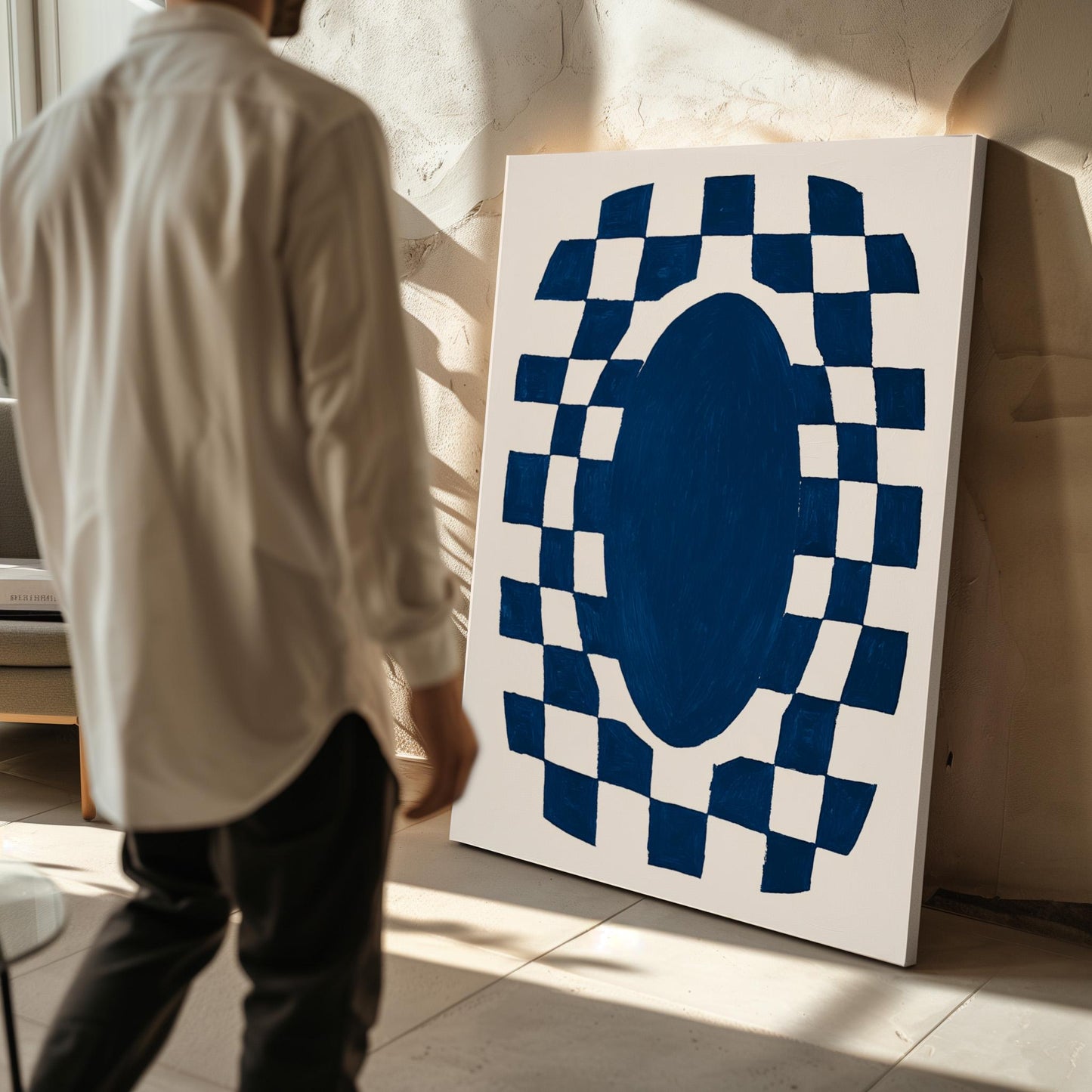 Blue Abstract Oval Canvas Print Modern Geometric Checkerboard Wall Art for Living Room or Office