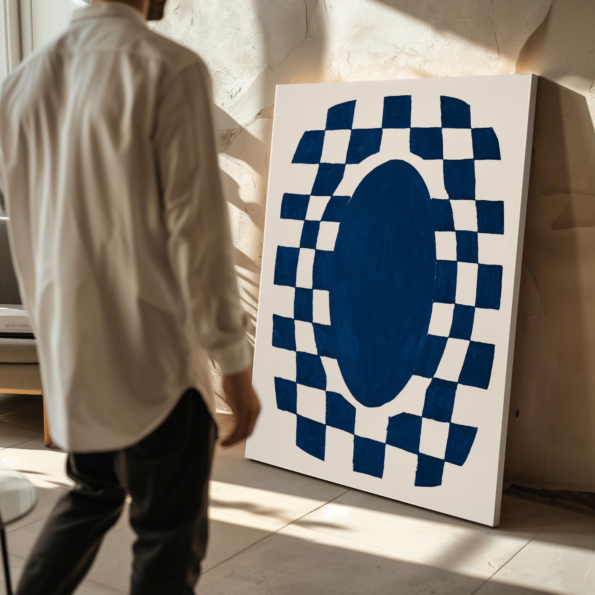 Blue Abstract Oval Canvas Print Modern Geometric Checkerboard Wall Art for Living Room or Office