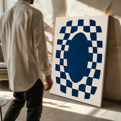 Blue Abstract Oval Canvas Print Modern Geometric Checkerboard Wall Art for Living Room or Office