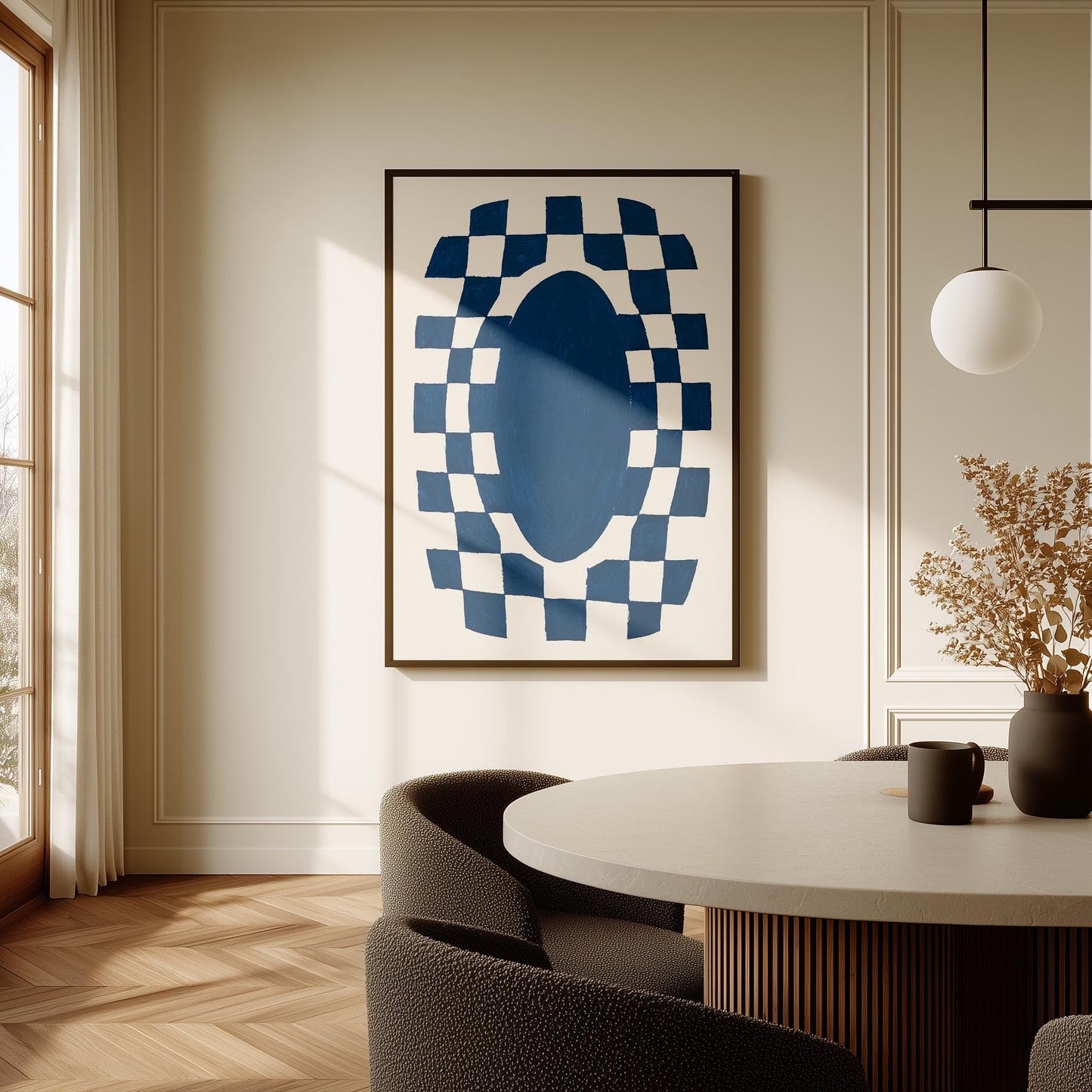 Blue Abstract Oval Canvas Print Modern Geometric Checkerboard Wall Art for Living Room or Office