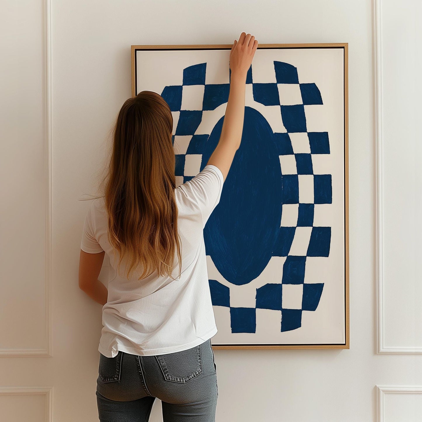 Blue Abstract Oval Canvas Print Modern Geometric Checkerboard Wall Art for Living Room or Office