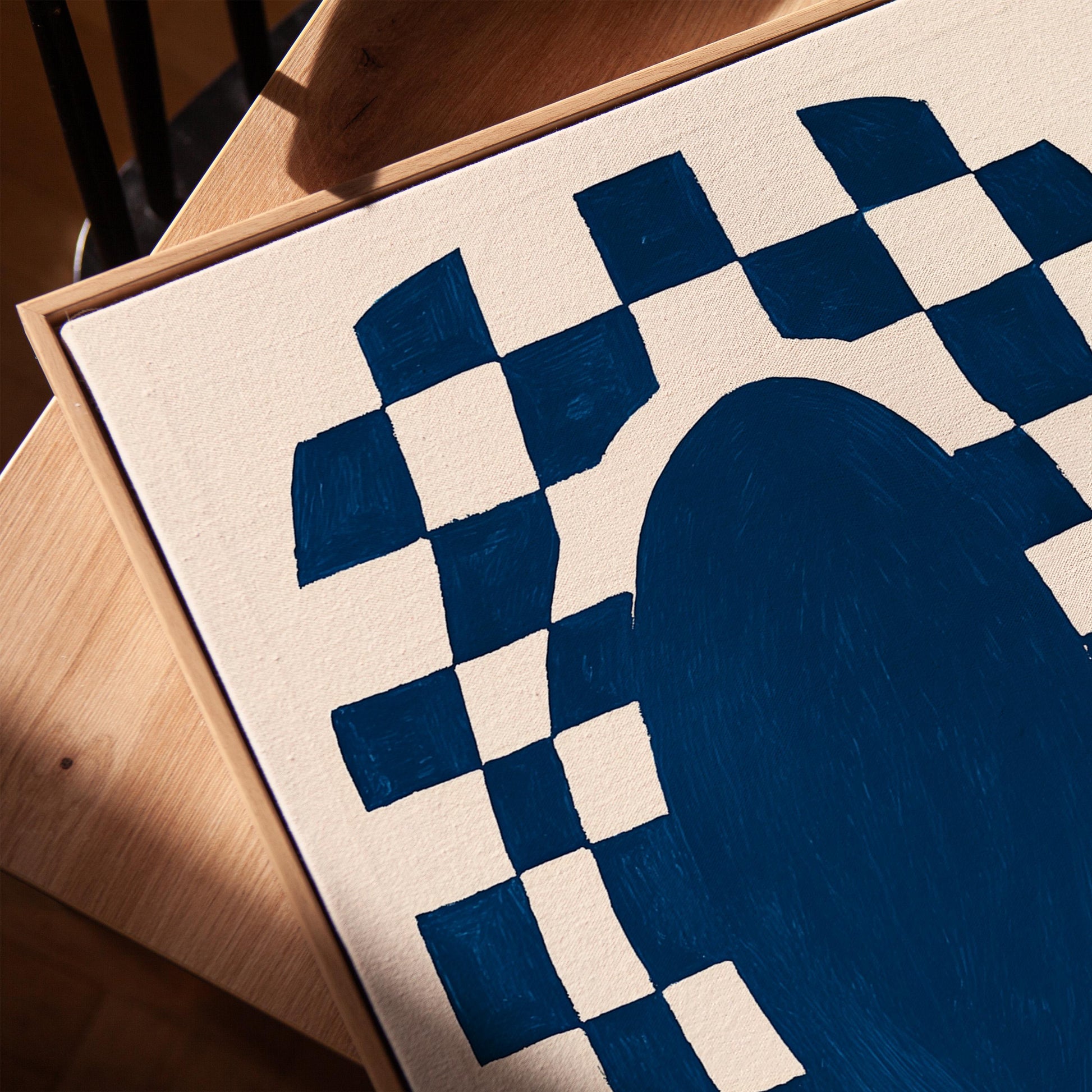Blue Abstract Oval Canvas Print Modern Geometric Checkerboard Wall Art for Living Room or Office