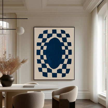 Blue Abstract Oval Canvas Print Modern Geometric Checkerboard Wall Art for Living Room or Office