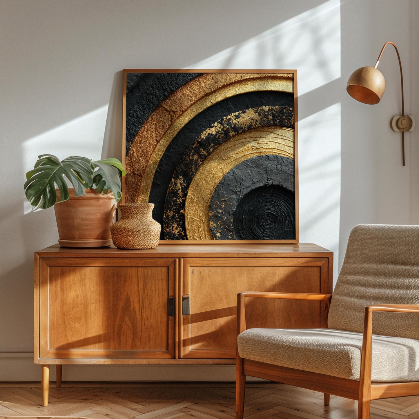 Black and Gold Abstract Canvas Art:  Concentric Circles