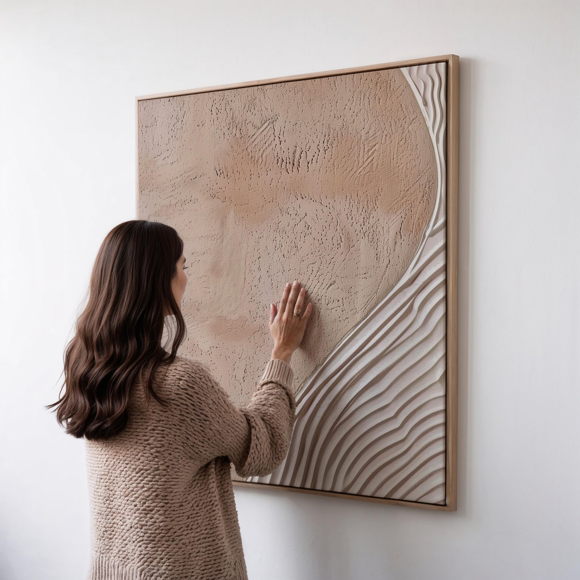 Square Beige Textured Canvas Wall Art Neutral Minimalist Floating Frame Large Extra Large Wall Art Japandi Wabi Sabi Decor