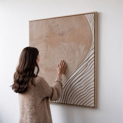 Square Beige Textured Canvas Wall Art Neutral Minimalist Floating Frame Large Extra Large Wall Art Japandi Wabi Sabi Decor