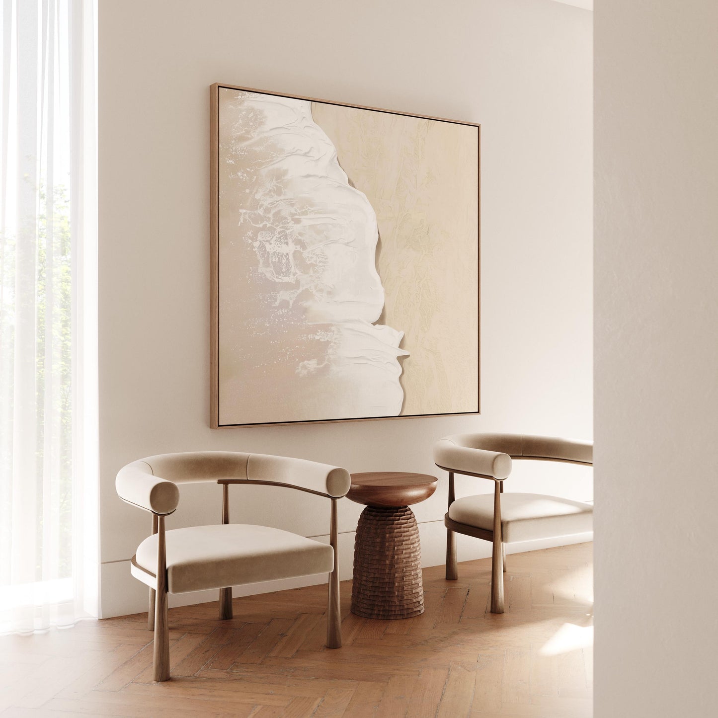 Ocean Wave Canvas Art: Beige and White Japandi Decor