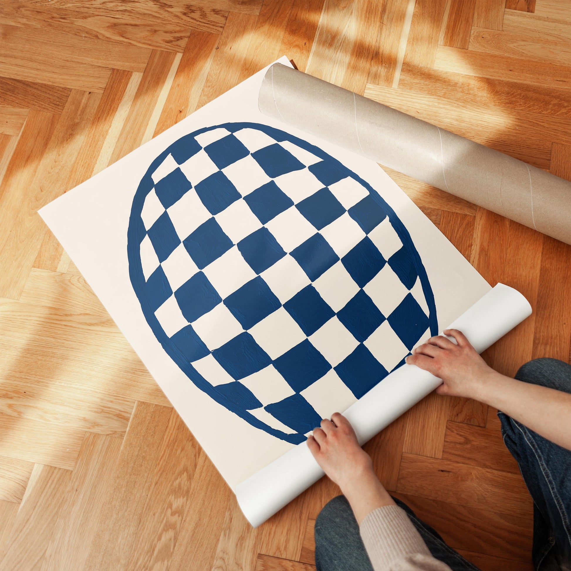Minimal Blue Oval Checkerboard Canvas Print Modern Abstract Wall Art for Living Room or Bedroom