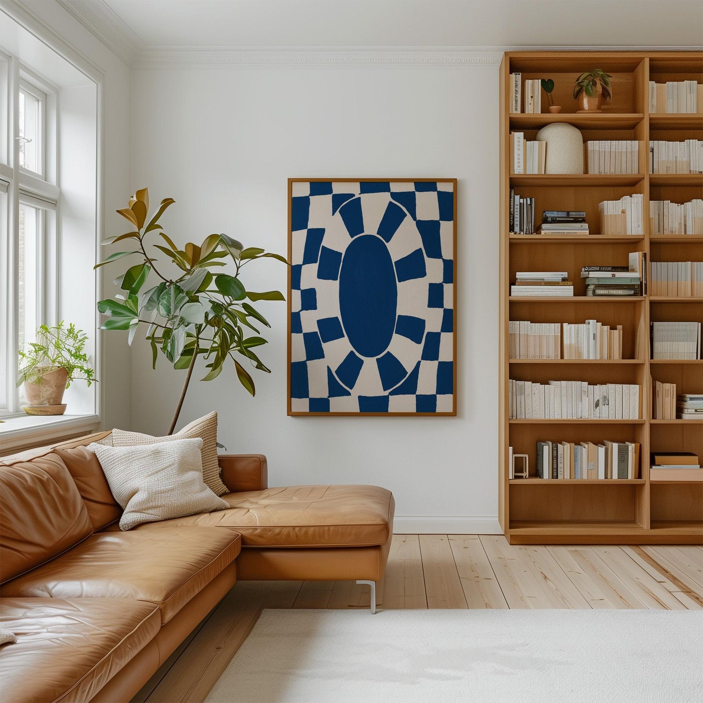 Bold Blue Oval Checkerboard Abstract Canvas Print Modern Geometric Wall Art for Living Room or Office