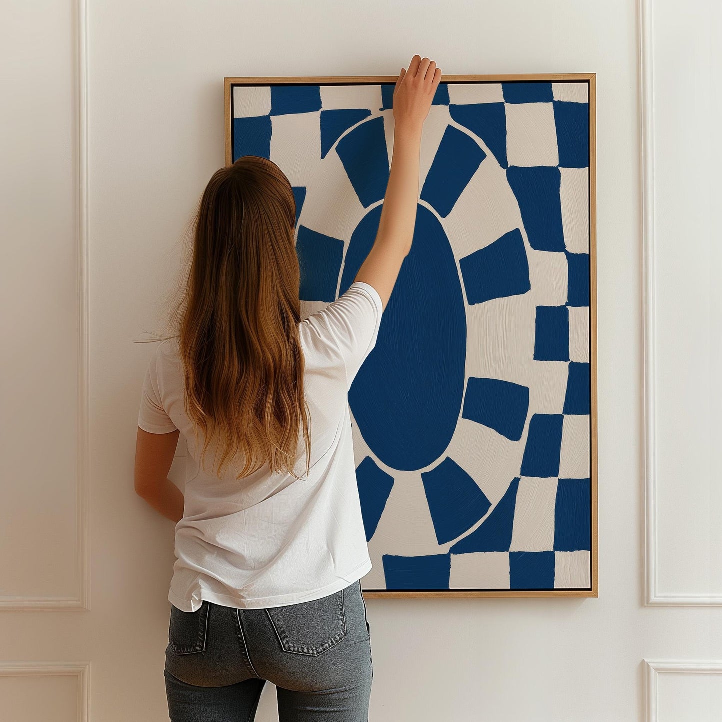 Bold Blue Oval Checkerboard Abstract Canvas Print Modern Geometric Wall Art for Living Room or Office