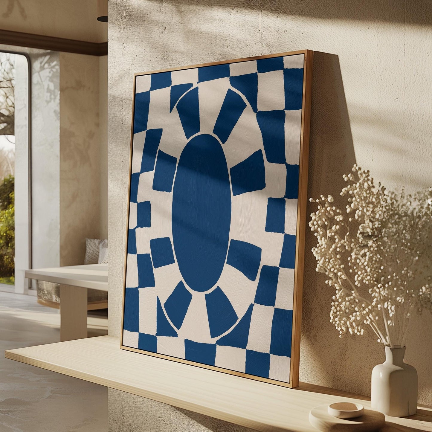 Bold Blue Oval Checkerboard Abstract Canvas Print Modern Geometric Wall Art for Living Room or Office