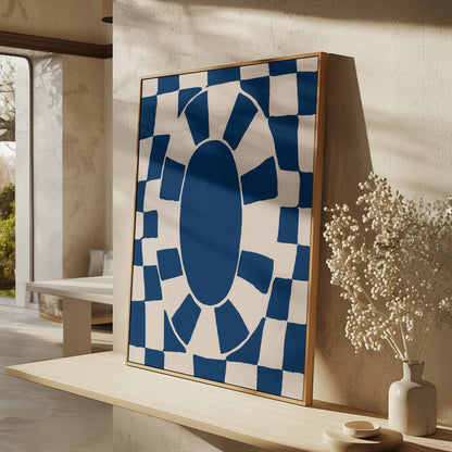 Bold Blue Oval Checkerboard Abstract Canvas Print Modern Geometric Wall Art for Living Room or Office