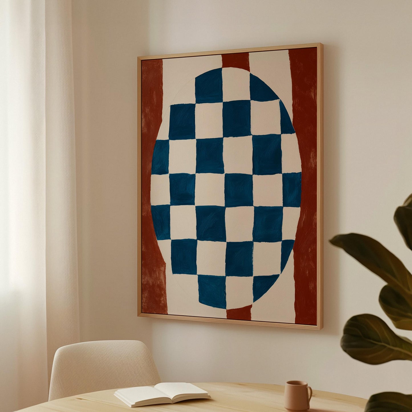 Blue and Red Abstract Canvas Print Modern Checkerboard Geometric Wall Art for Dining Room or Office