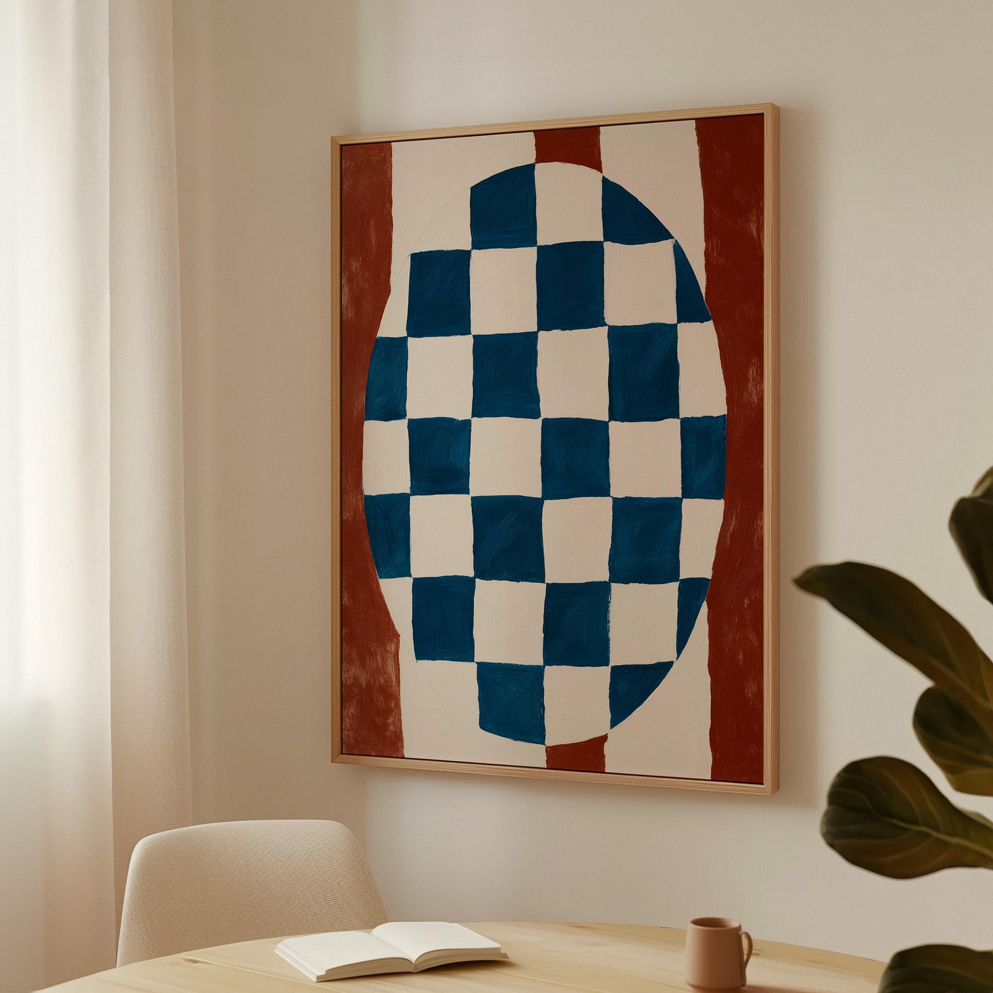 Blue and Red Abstract Canvas Print Modern Checkerboard Geometric Wall Art for Dining Room or Office