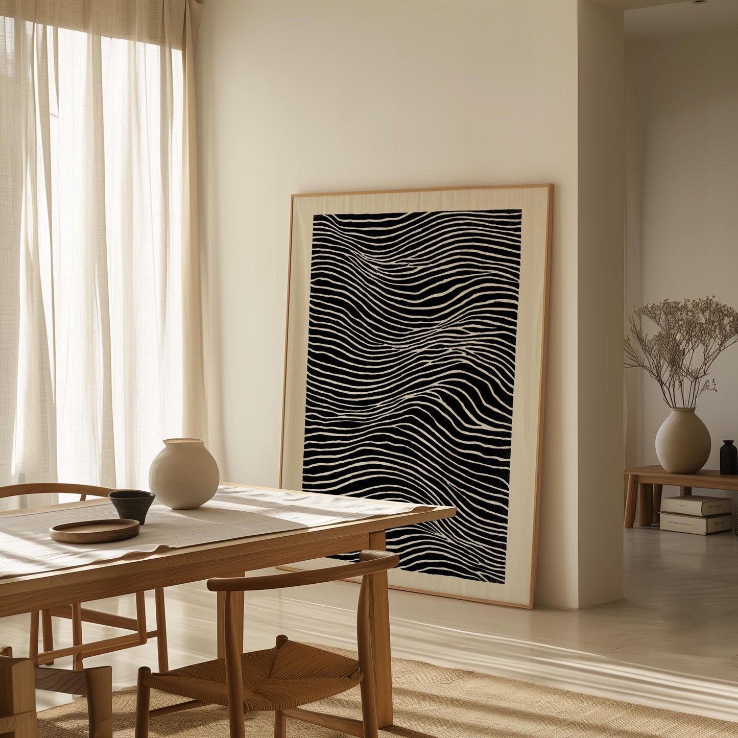 Black and White Line Abstract Canvas Print Modern Minimalist Wave Art for Bedroom or Office Wall