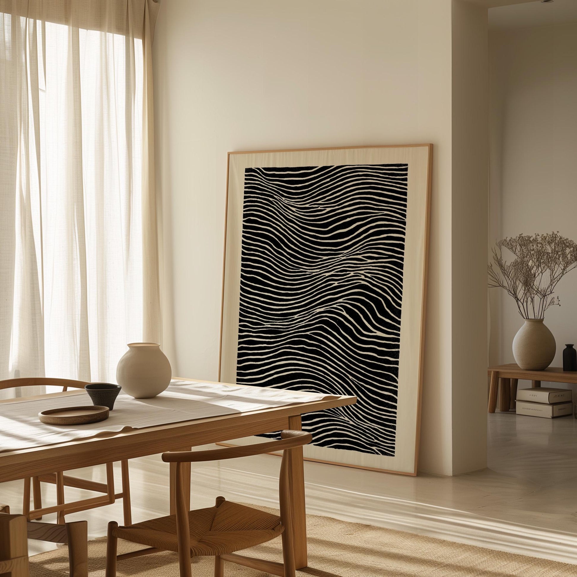 Black and White Line Abstract Canvas Print Modern Minimalist Wave Art for Bedroom or Office Wall