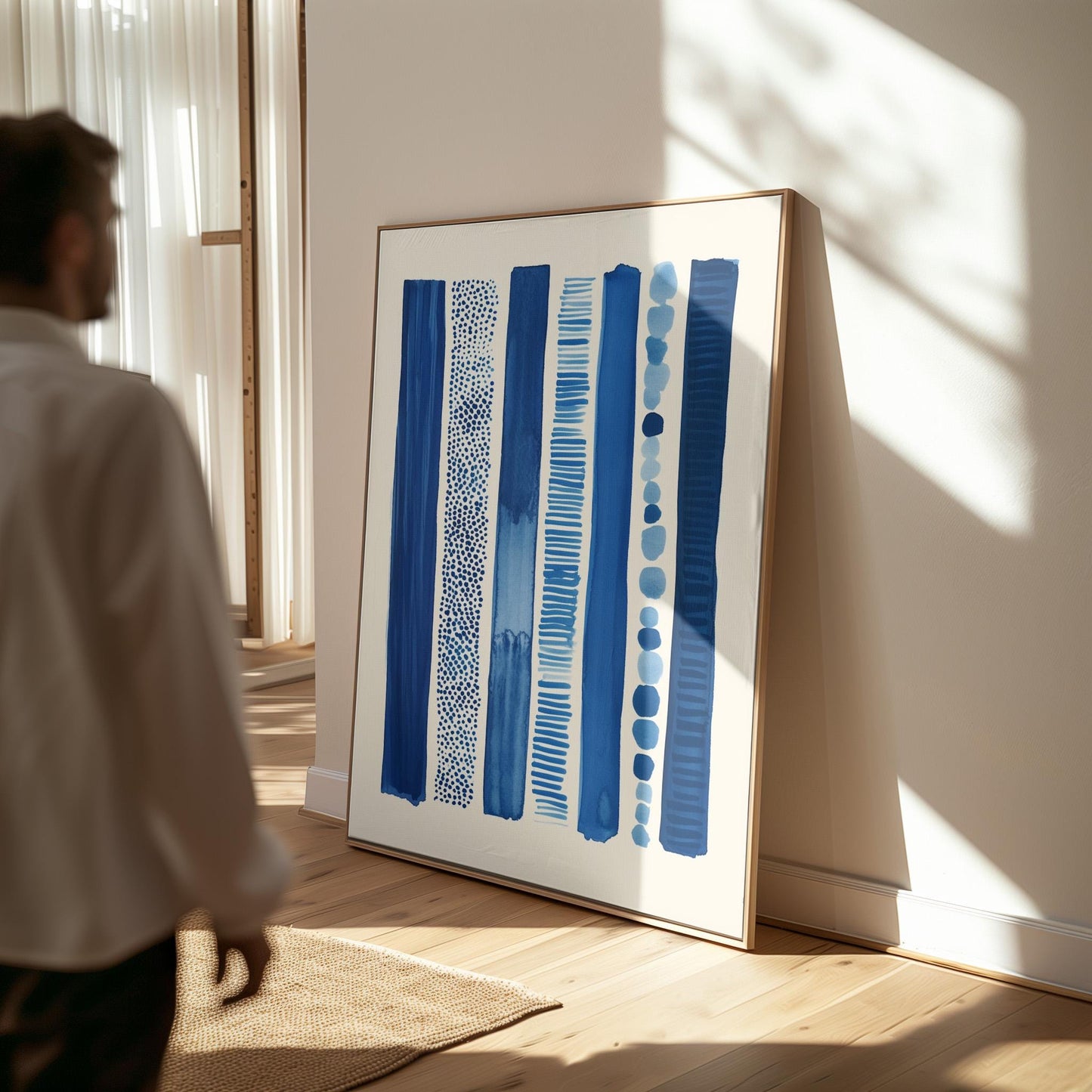 Blue Abstract Striped Canvas Print Modern Geometric Minimalist Wall Art for Living Room or Office Decor